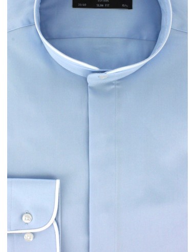 Chemise cintrée bleu ciel col mao biais blanc outlet