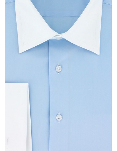 Chemise bleu ciel col et poignets mousquetaires blancs pas cher