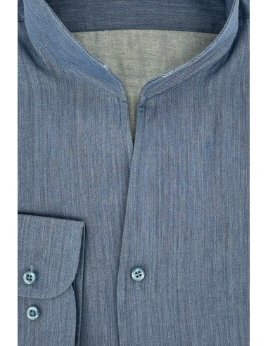 Chemise Denim bleu col droit ouvert solde